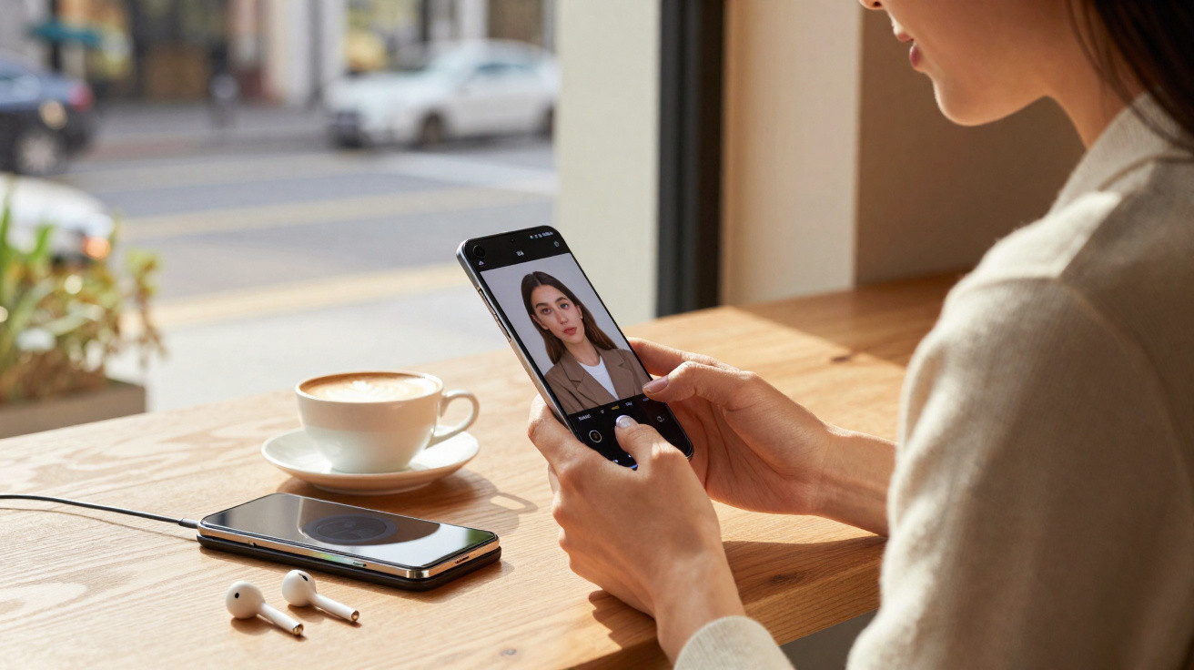 Person using a smartphone to take a selfie at a cafe with a cappuccino, wireless charger, and earphones nearby.