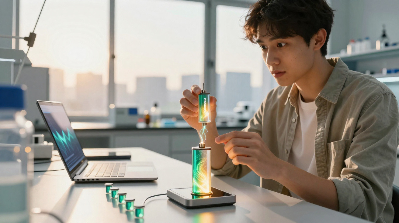 Young man conducting a battery experiment in a bright science lab with a laptop and test tubes nearby.