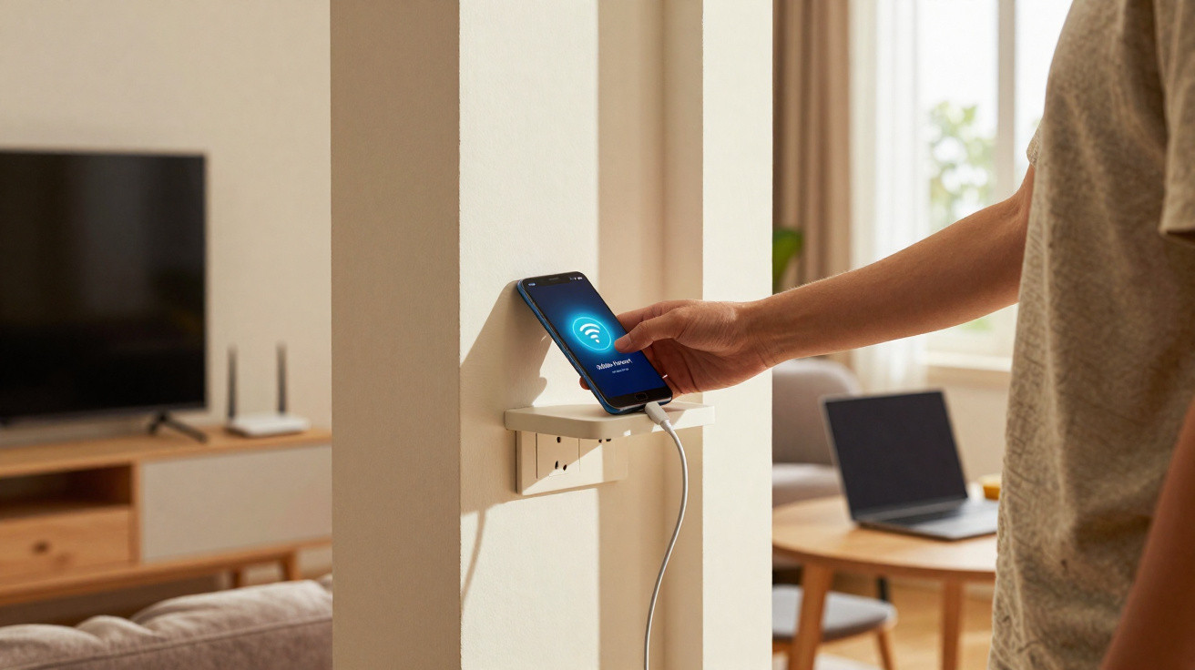 Smartphone wirelessly charging on wall-mounted charging pad in modern living room.