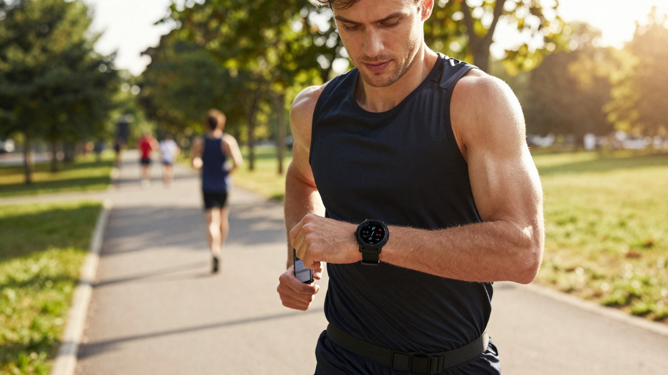 Man in black sportswear checking smartwatch while running on a tree-lined park path in sunlight.