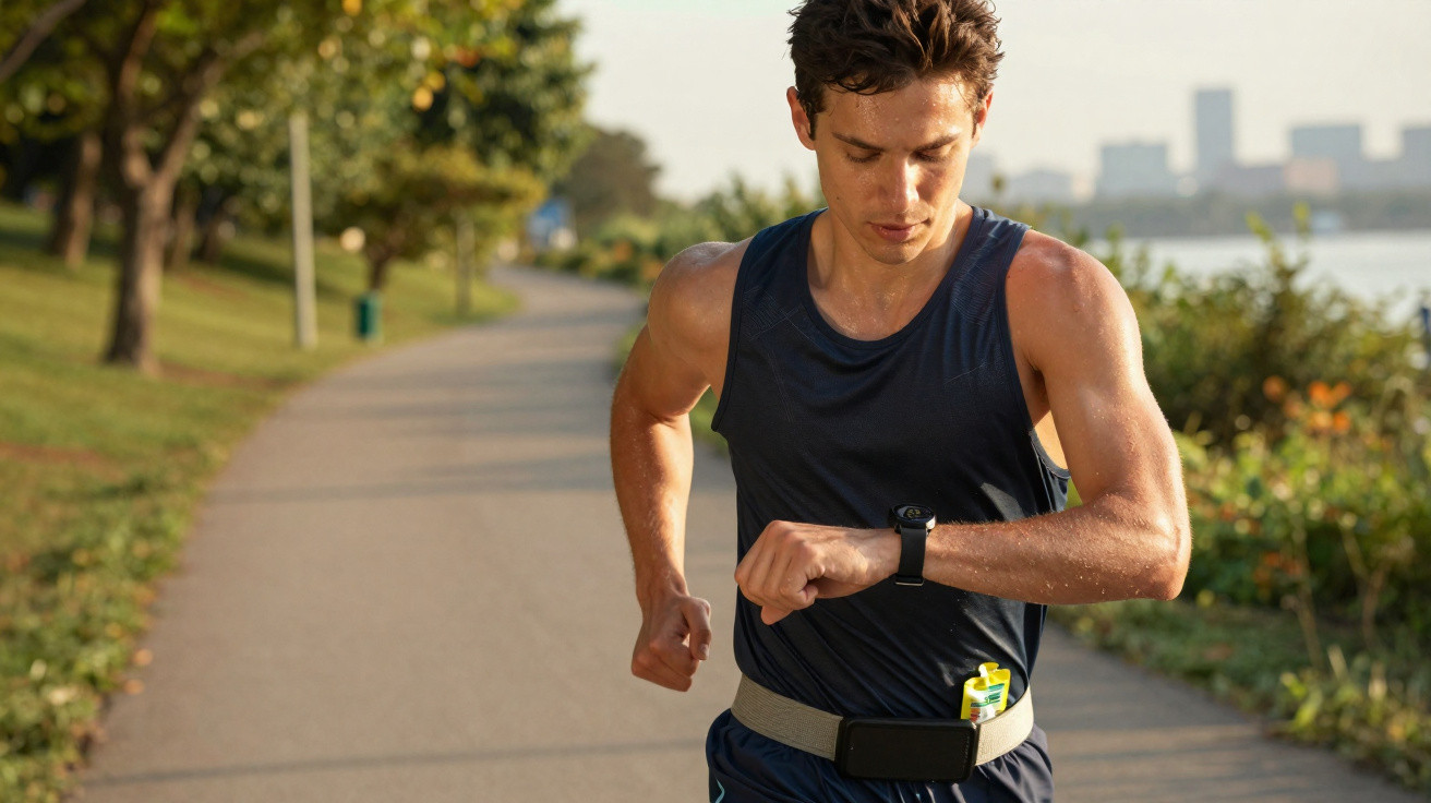 Young man in sportswear running on a riverside path while checking his smartwatch during daylight.