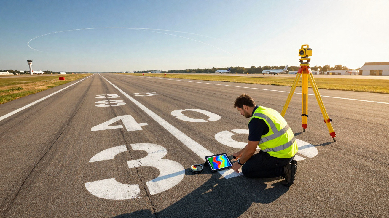 Engineer in a high-visibility vest using a tablet on a runway with survey equipment nearby on a sunny day.