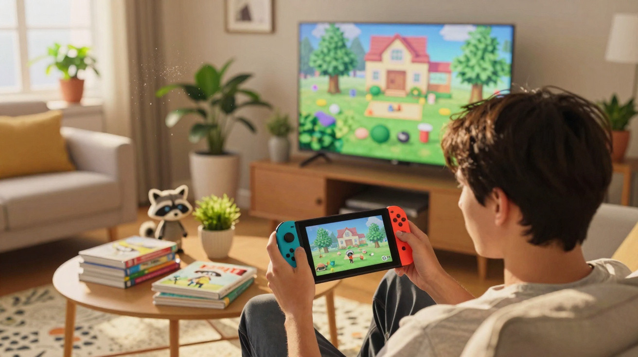 Person sitting in living room playing a video game on a handheld console matching the TV screen.