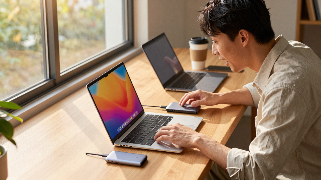 Man using a laptop on a wooden desk by a window with a second laptop and a takeaway coffee cup nearby.