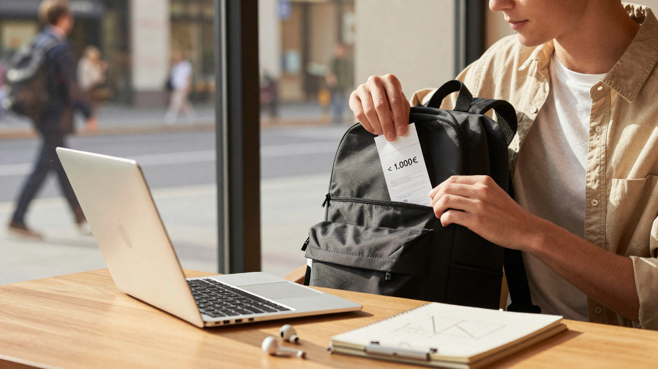 Person placing a paper receipt into a black backpack beside an open laptop and documents on a wooden table.