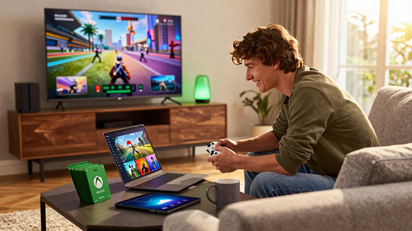 Young man playing video games with a controller in a bright living room with a TV and laptop.