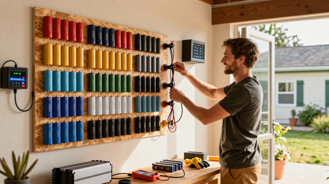 Man working on a colourful battery array mounted on a wall in a sunlit room with tools on a nearby bench.
