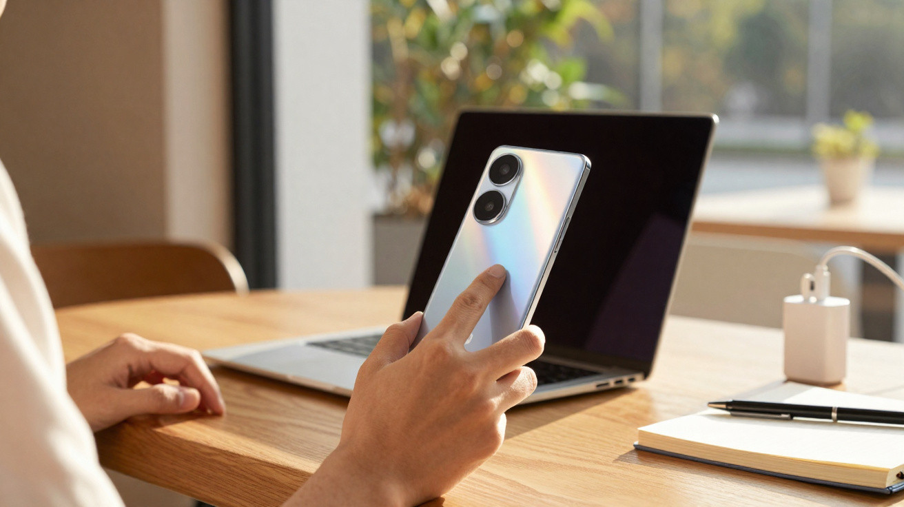 Person holding a silver smartphone with dual rear cameras in front of an open laptop on a wooden desk.