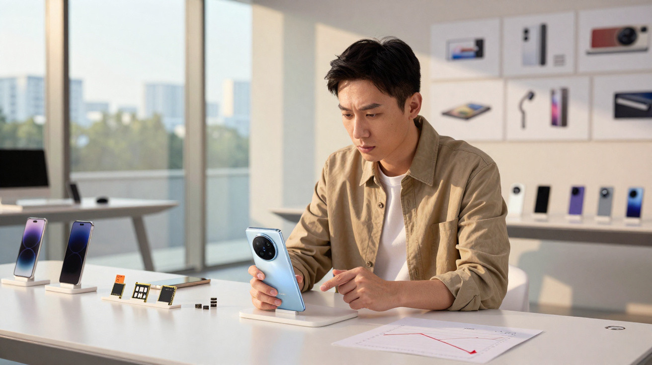 Man examining a smartphone in a modern tech showroom with mobile devices and components on display.