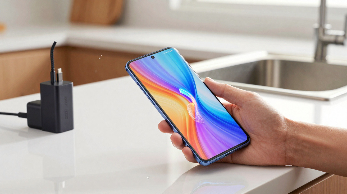 Hand holding a blue smartphone with a colourful swirl wallpaper above a white kitchen countertop near a charger.
