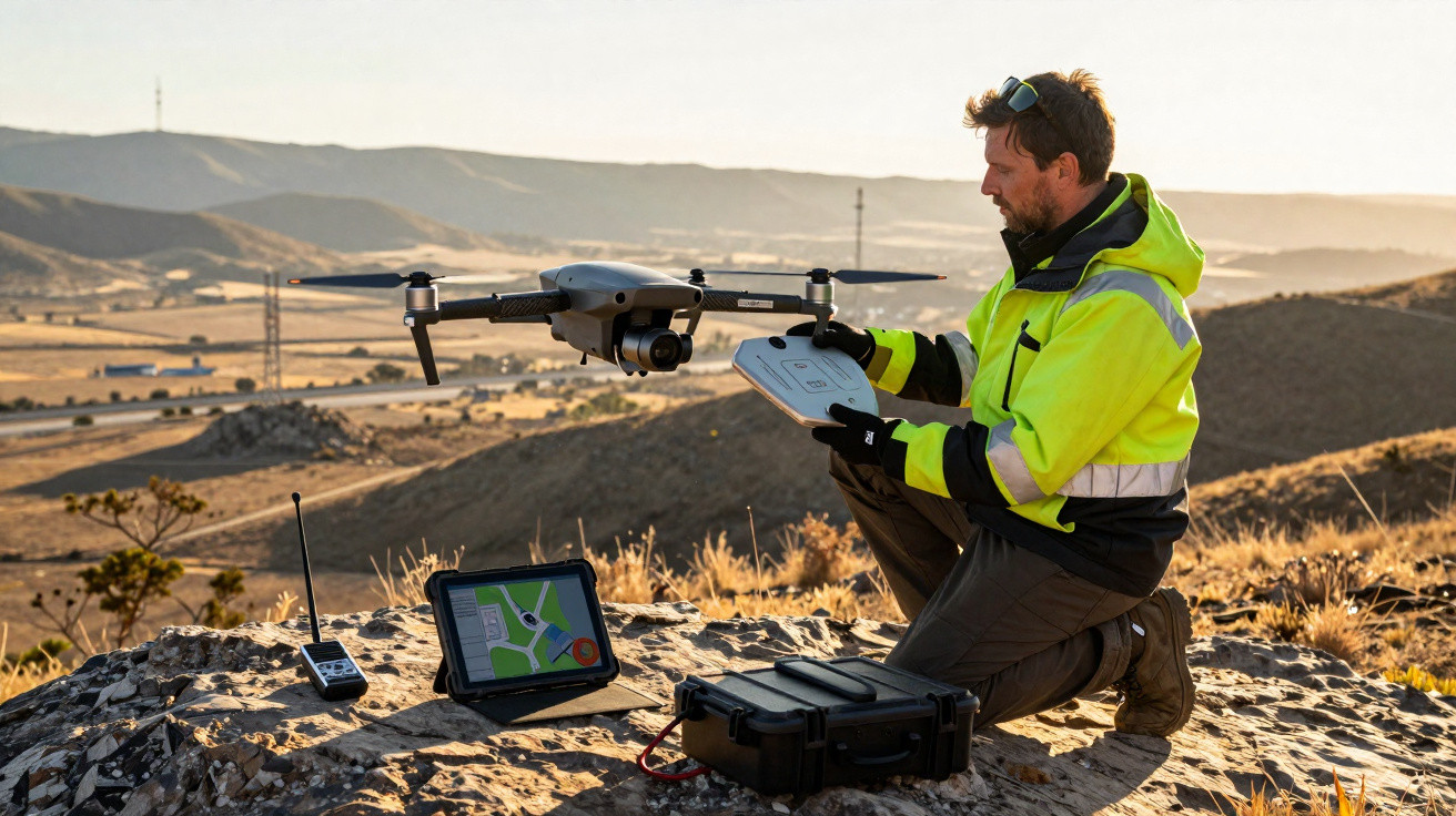Man in high-visibility jacket operating a drone with tablet and equipment on rocky terrain in rural landscape.
