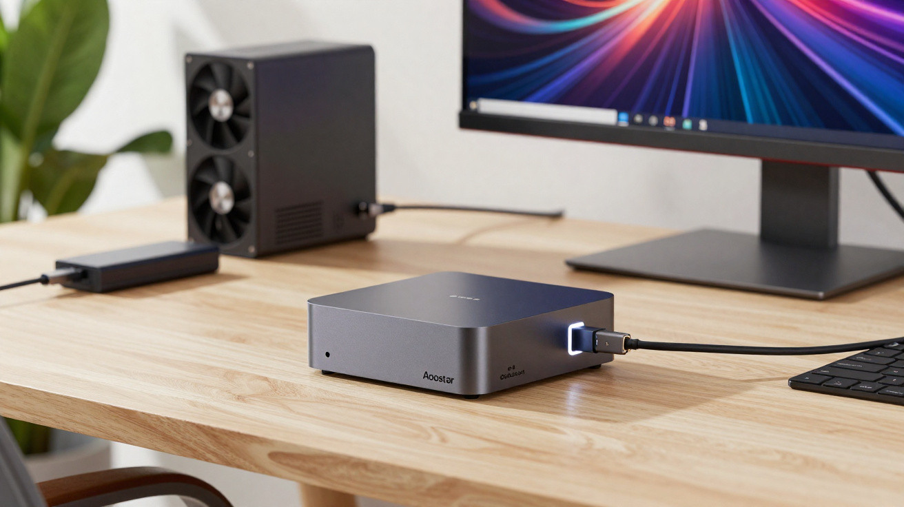 Compact Apostar mini PC connected to a monitor and keyboard on a wooden desk in a modern workspace.