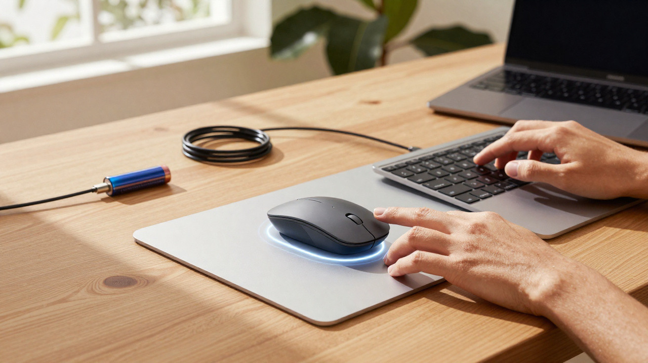 Hand using a wireless mouse on a charging pad beside a laptop on a wooden desk by a window.