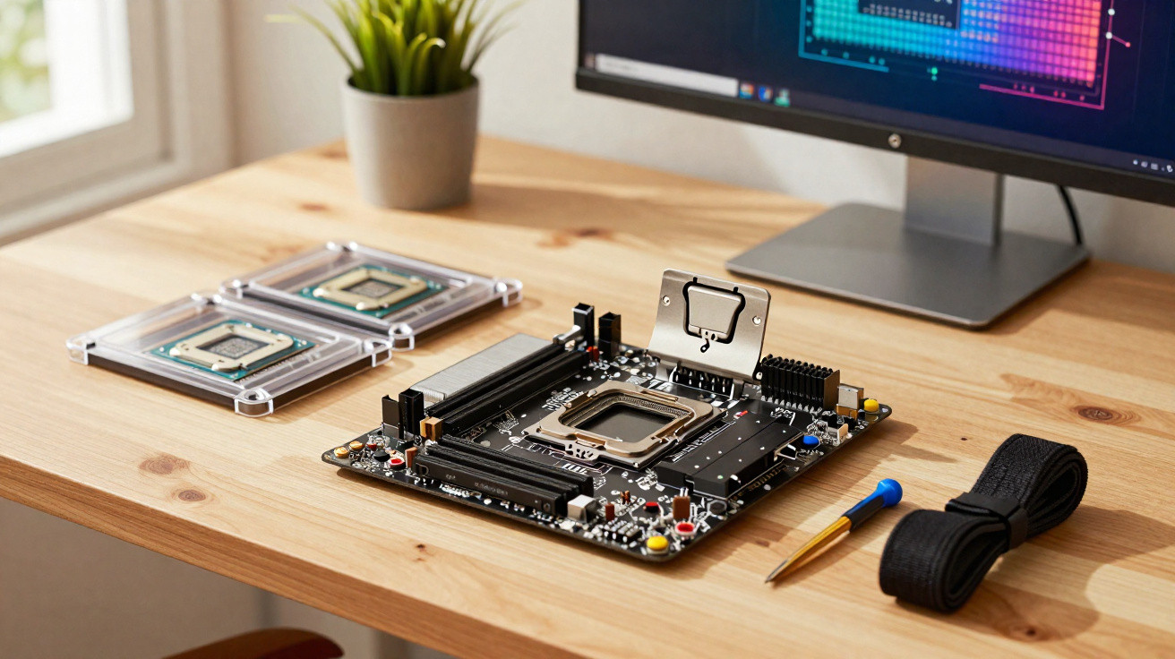 Computer motherboard, two CPUs, screwdriver, and strap on a wooden desk with a monitor and plant in the background.