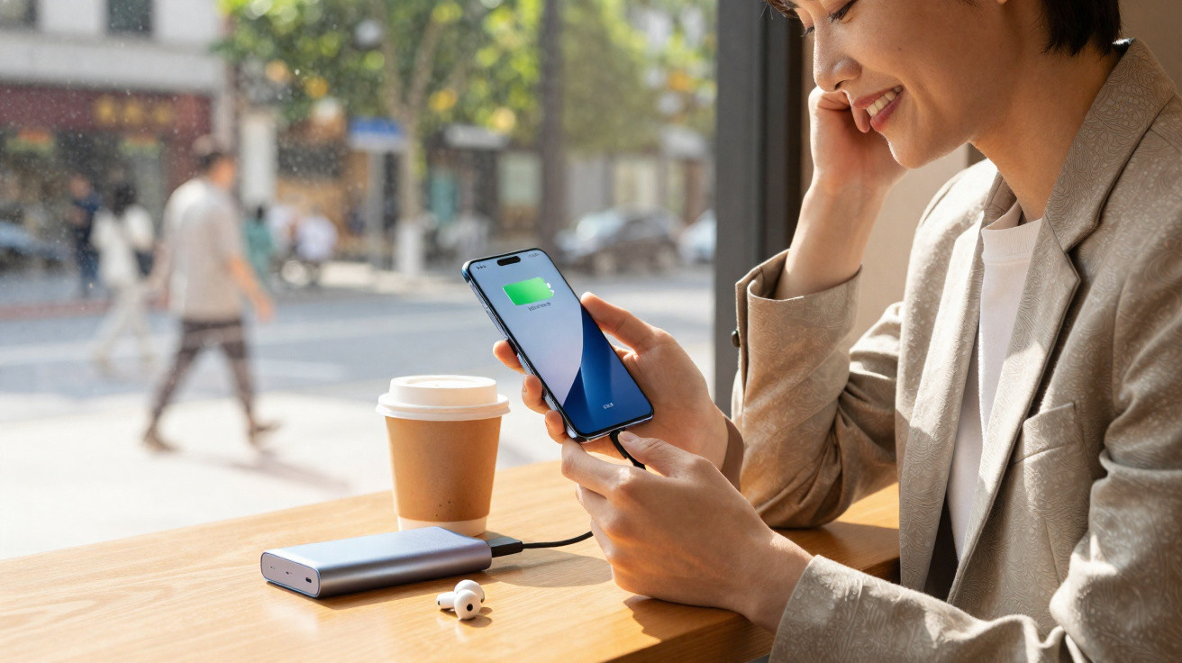 Person charging smartphone from power bank at café window with coffee cup and wireless earbuds on table.