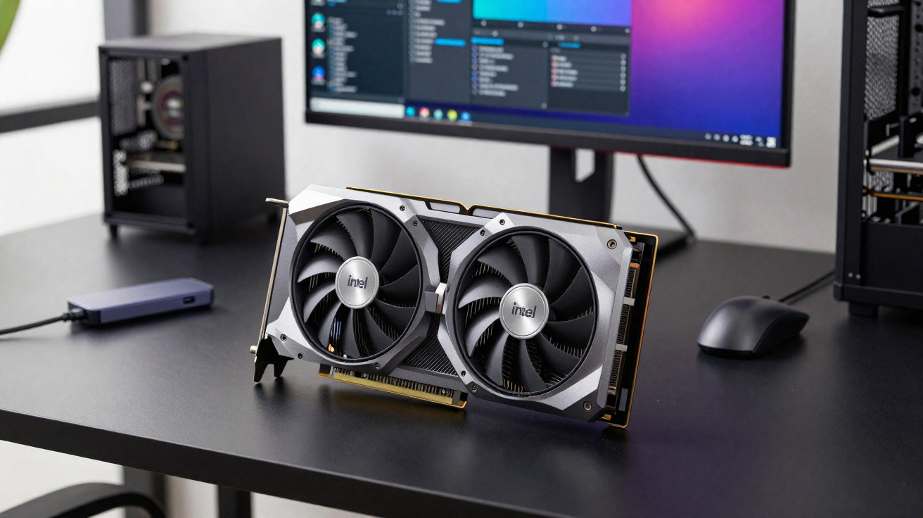 Intel graphics card with dual fans on a black desk, computer monitor and peripherals in the background.