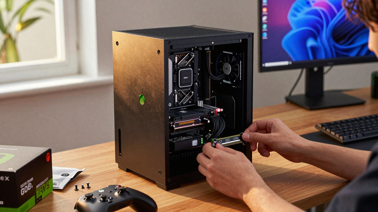 Person installing a component into a custom PC with an Xbox controller and monitor on a wooden desk.