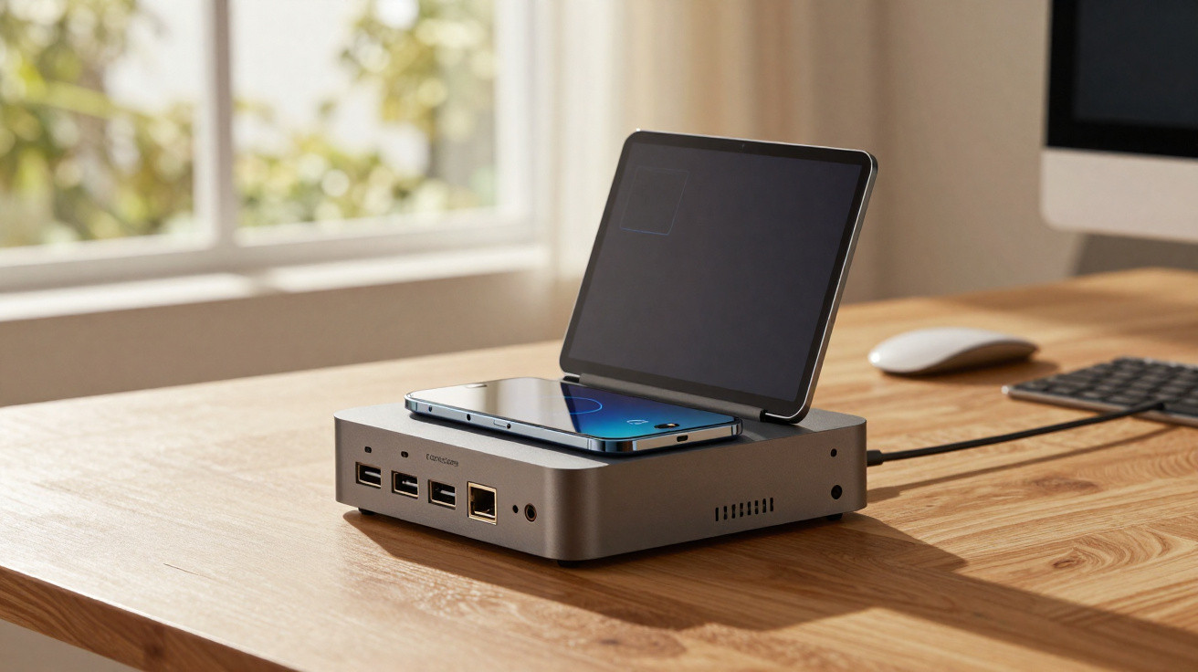 Smartphone charging on a compact docking station with a tablet propped open on a wooden desk.