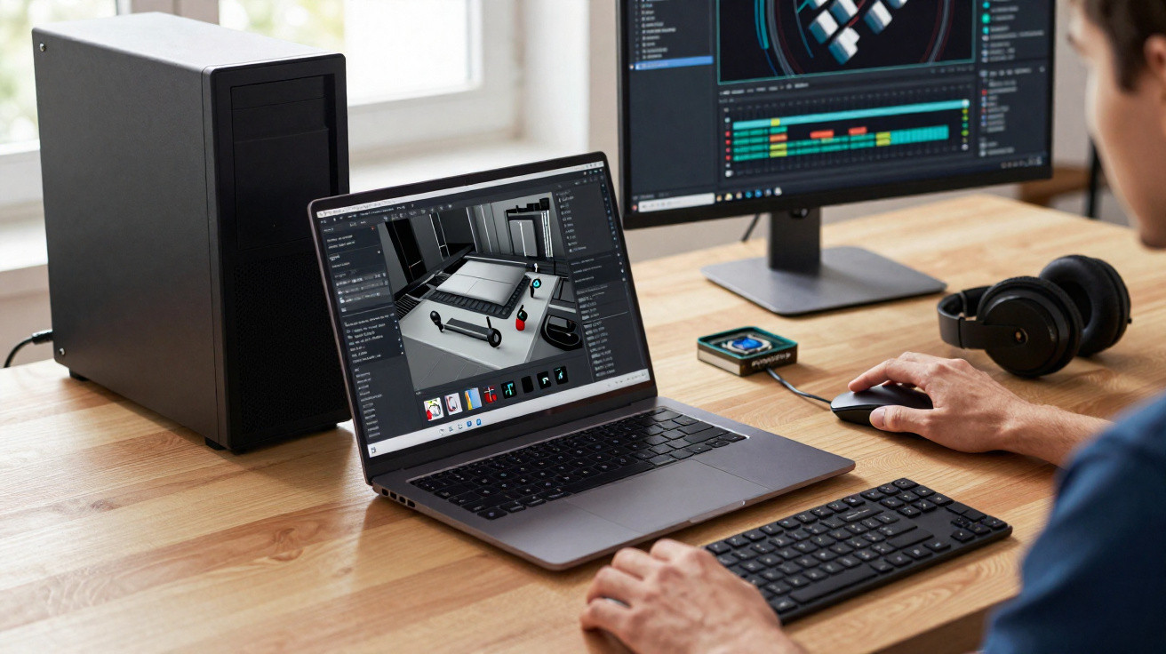 Person working on 3D design on a laptop with two monitors, headphones, and computer components on a wooden desk.