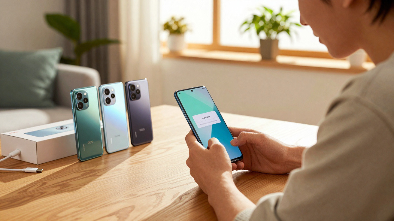 Person holding a smartphone with three other smartphones and a box displayed on a wooden table in a bright room.