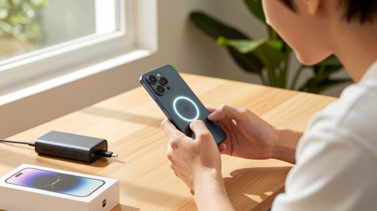 Person holding a smartphone with wireless charging symbol on back, next to phone box and charger on wooden table.