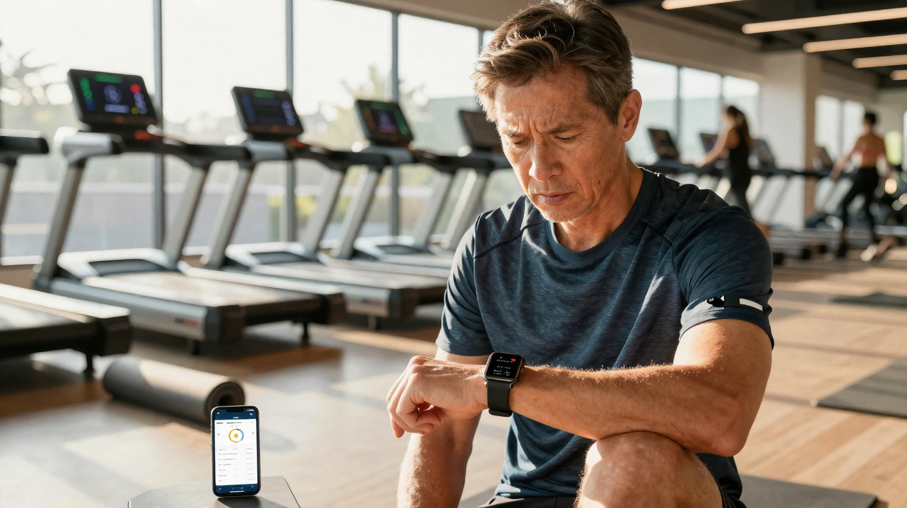 Man in gym checking fitness tracker on wrist while sitting near smartphone displaying workout data
