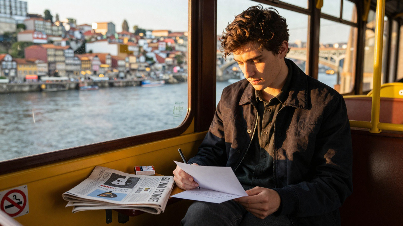 Young man writing on paper while sitting by a river on a boat with a newspaper nearby at sunset