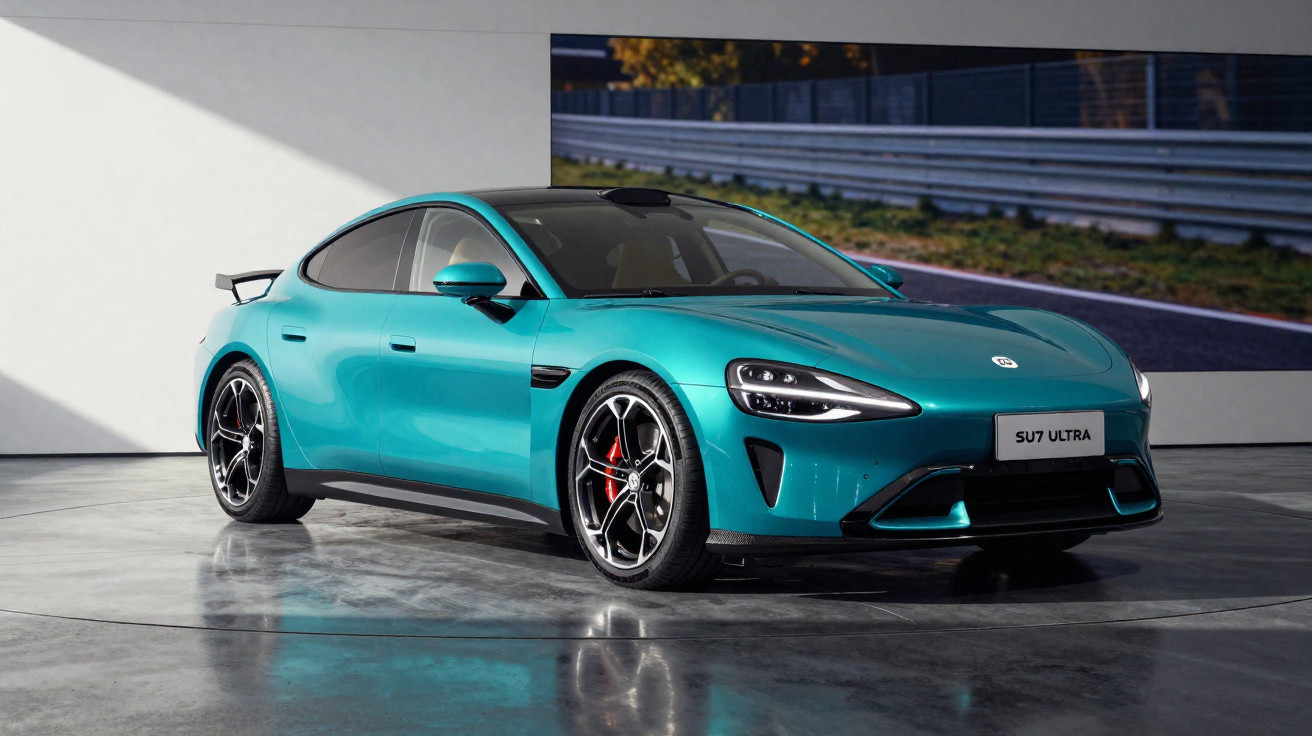 Teal BYD electric sports sedan displayed indoors with sleek design and black alloy wheels.