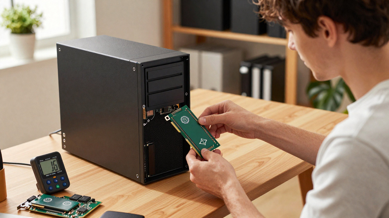 Person installing a green circuit board into a black desktop computer on a wooden table.