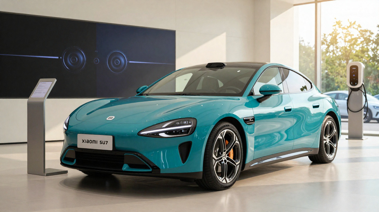 Turquoise Xiaomi SU7 electric sports car displayed indoors with charging station and information stand nearby.