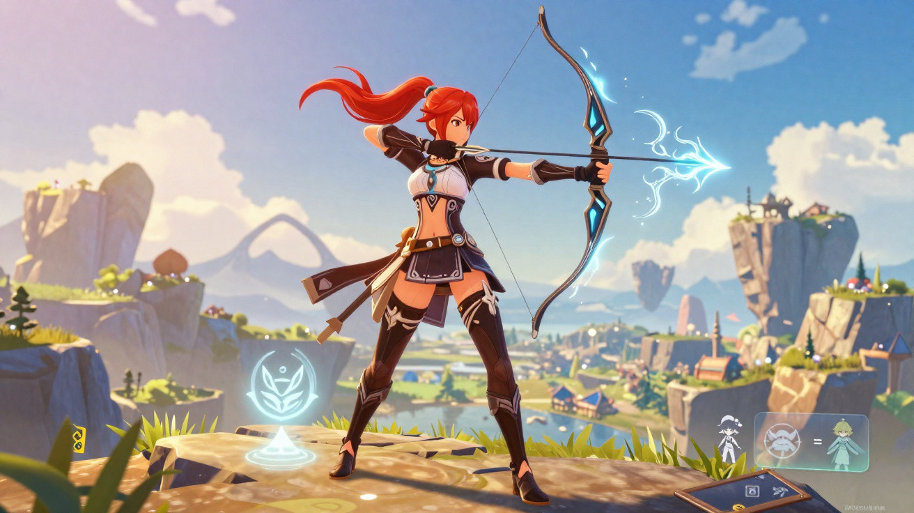Red-haired female archer in fantasy outfit aiming glowing bow on a cliff overlooking a vast valley and village.