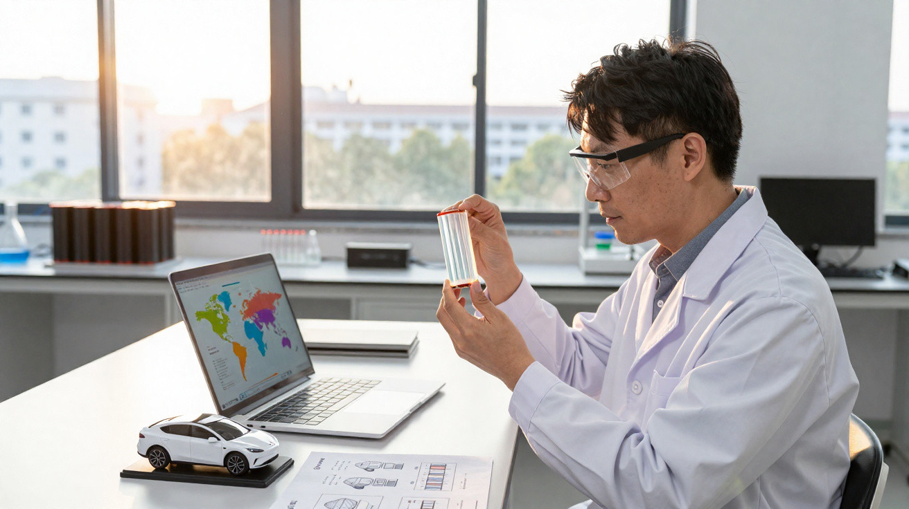 Scientist in lab coat examining a test tube beside a laptop showing a world map and a model car.