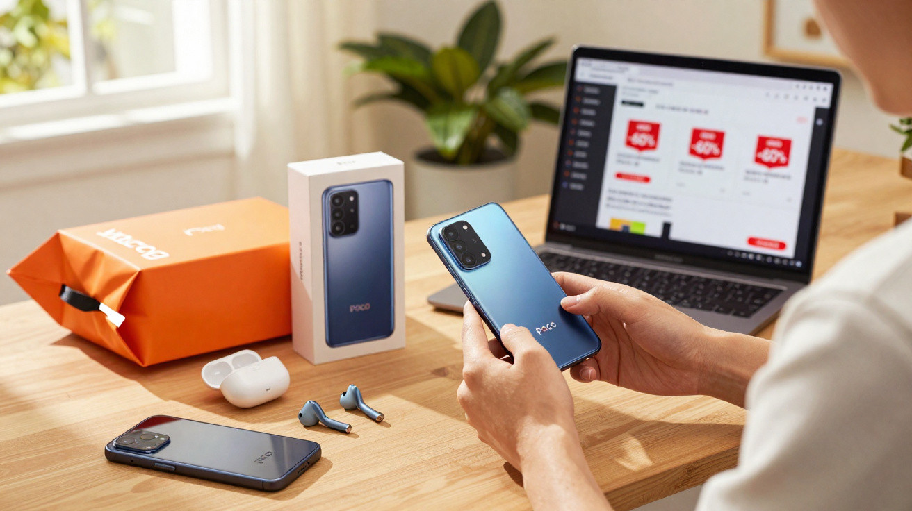 Person holding a blue Poco smartphone at a desk with another phone, earbuds, and a laptop showing discounts.