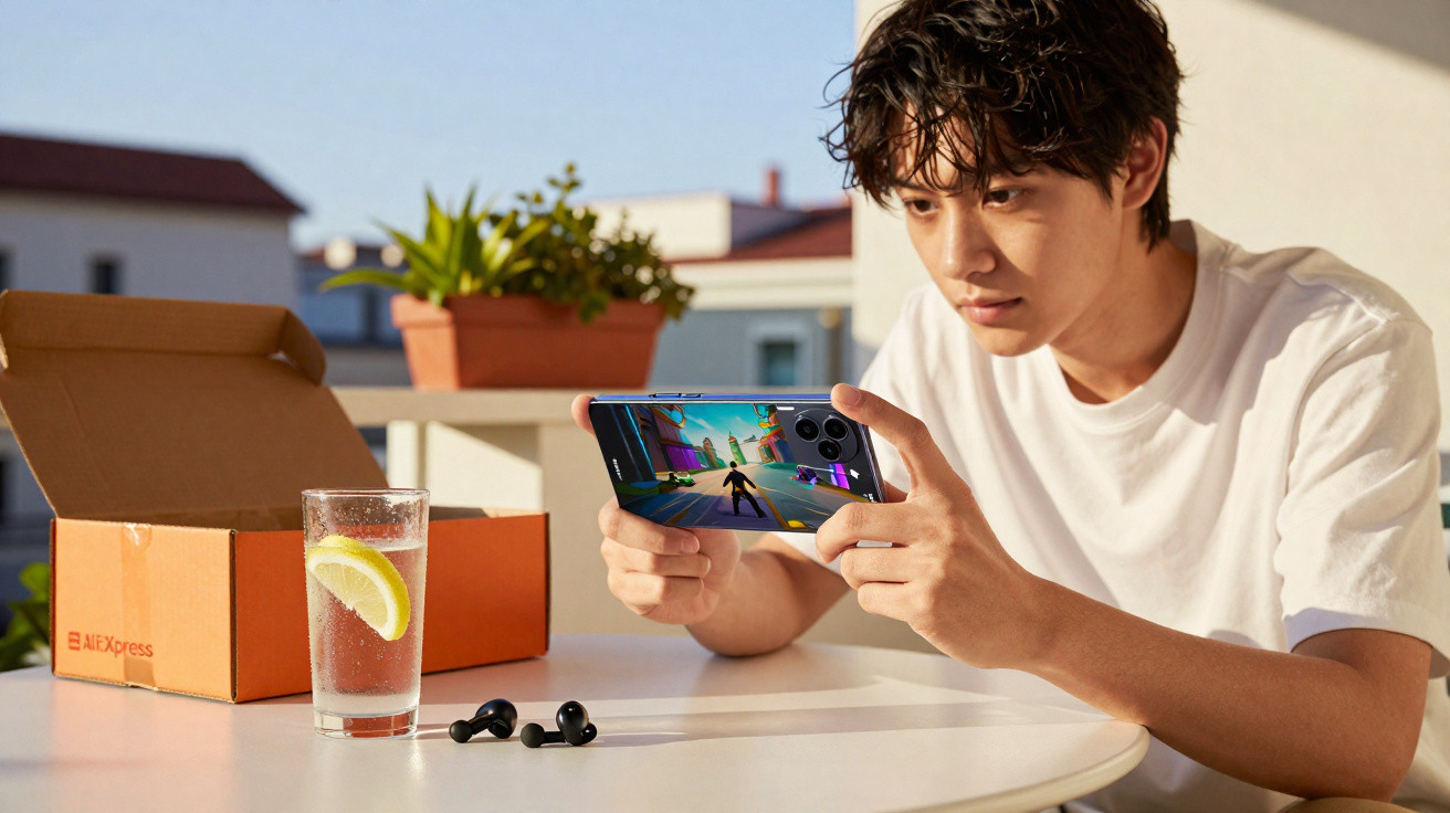 Young man playing a mobile game on a smartphone at a white table with a glass of lemon water and earphones.