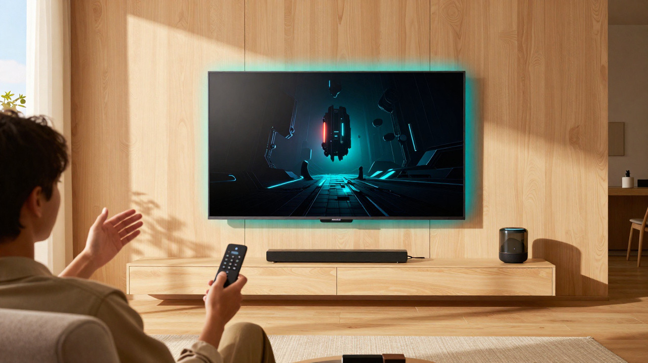 Person using remote to control a wall-mounted TV with sci-fi scene in a bright wooden living room.